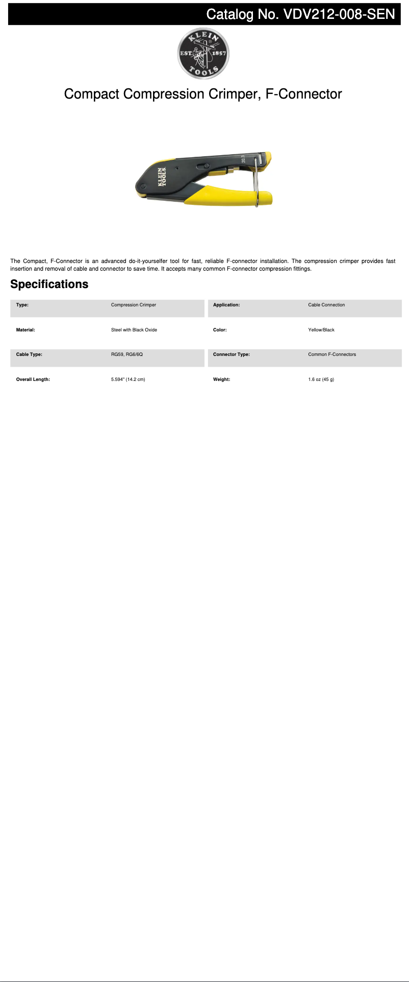 Page n°1 - Fiche technique Klein Tools VDV212-008