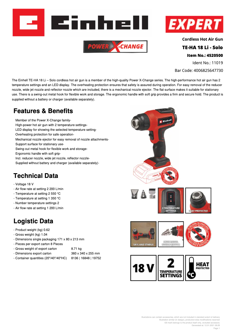 Page 1 de la notice Fiche technique Einhell TE-HA 18 Li