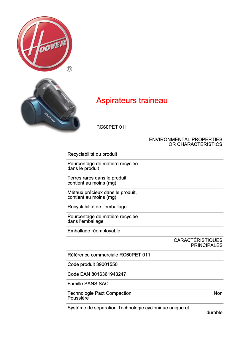Page 1 de la notice Fiche technique Hoover Reactiv RC60PET 011