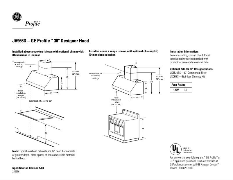 Page 1 de la notice Fiche technique GE Profile JV966DS