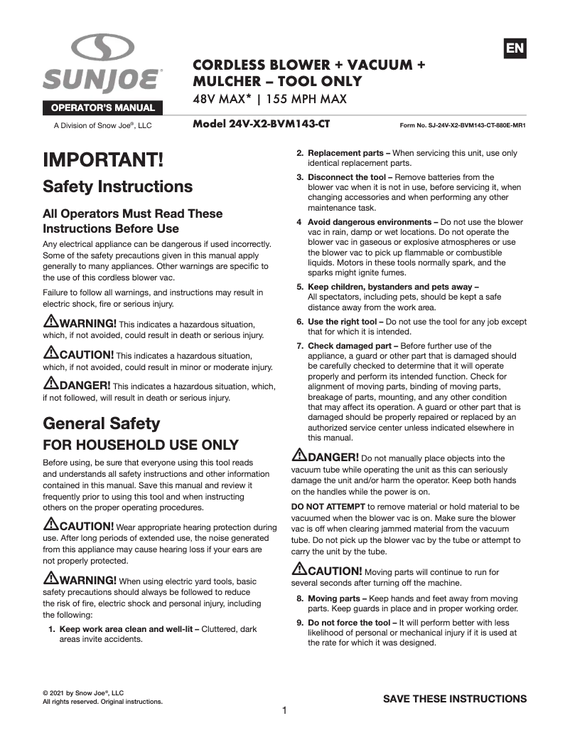 Page 1 de la notice Manuel utilisateur Sun Joe 24V-X2-BVM143-CT