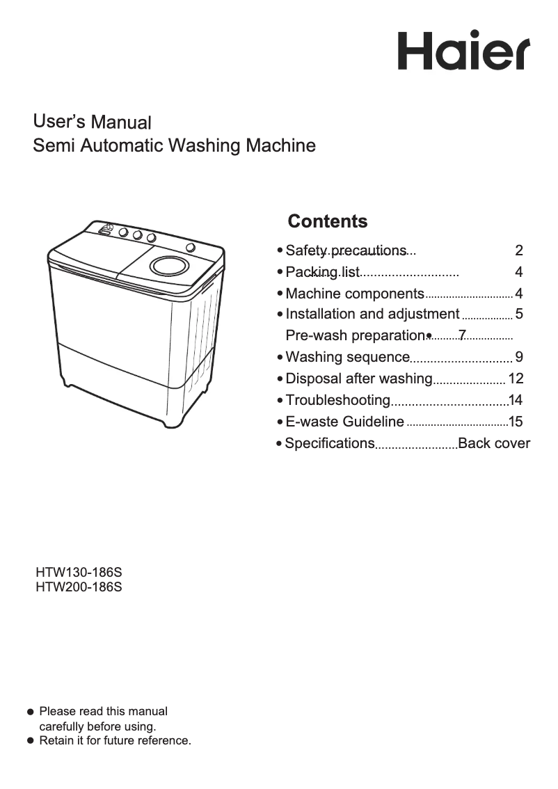 Image de la première page du manuel de l'appareil HTW200-186S