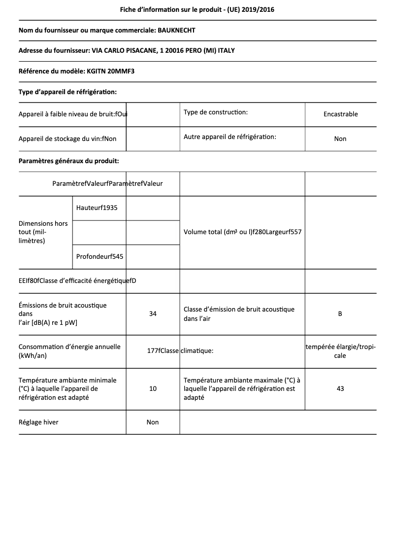 Page 1 de la notice Fiche technique Bauknecht KGITN 20MMF3