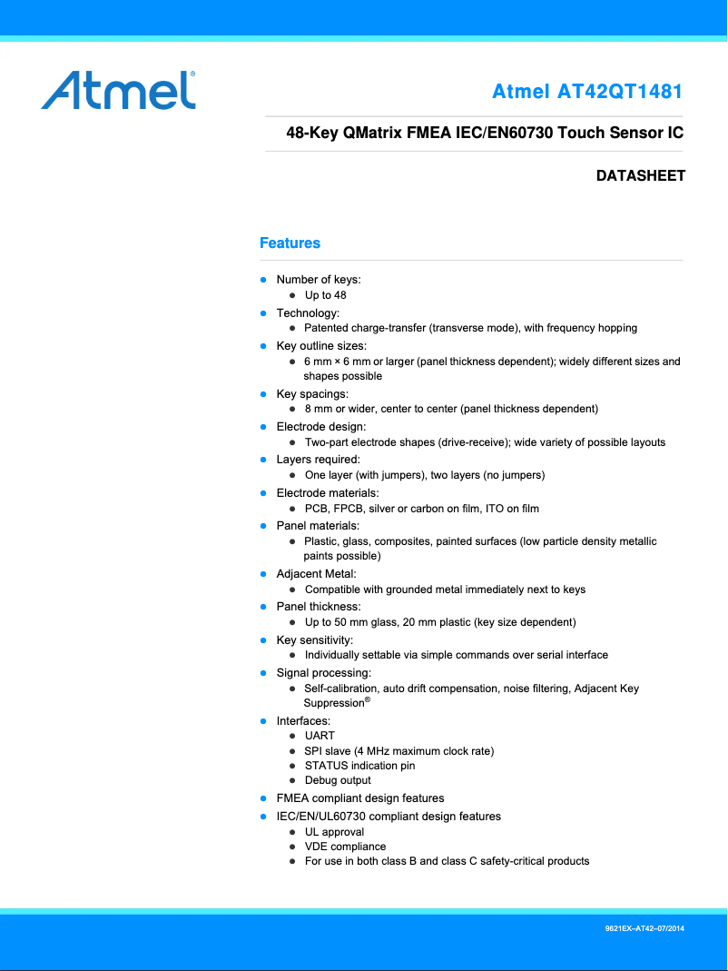 Page 1 de la notice Fiche technique Microchip AT42QT1481