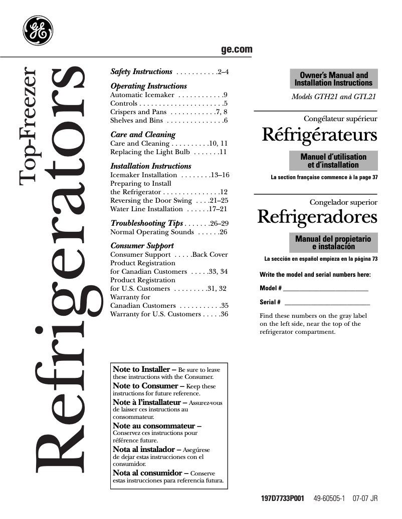 Page 1 de la notice Guide d'installation GE GTH21KCWWW