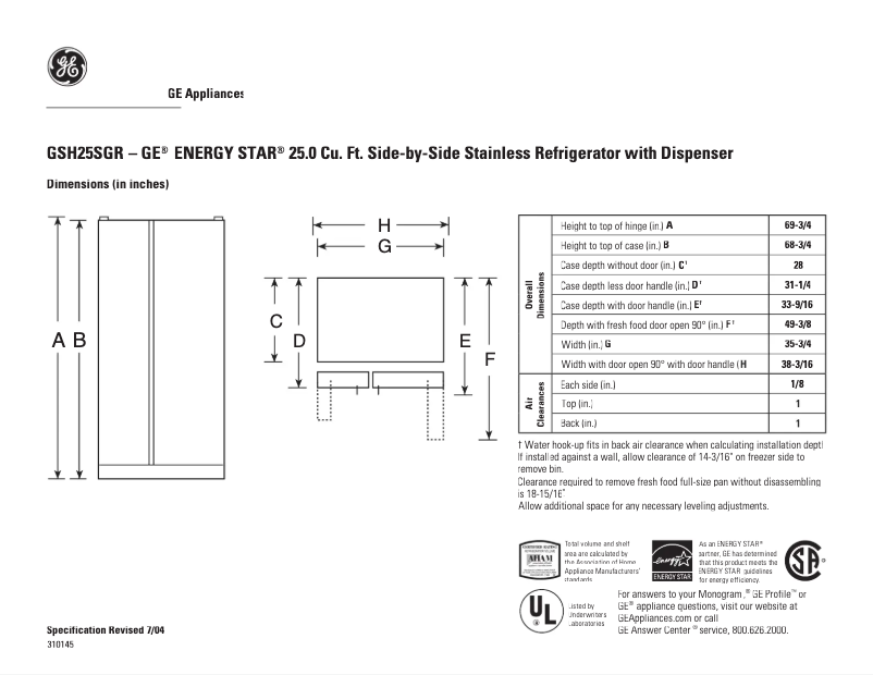 Página 1 del manual Ficha técnica GE GSH25SGRSS