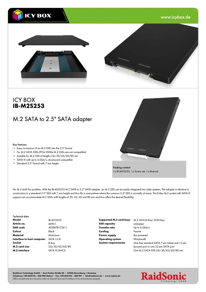 Page 1 de la notice Fiche technique Icy Box IB-M2S253