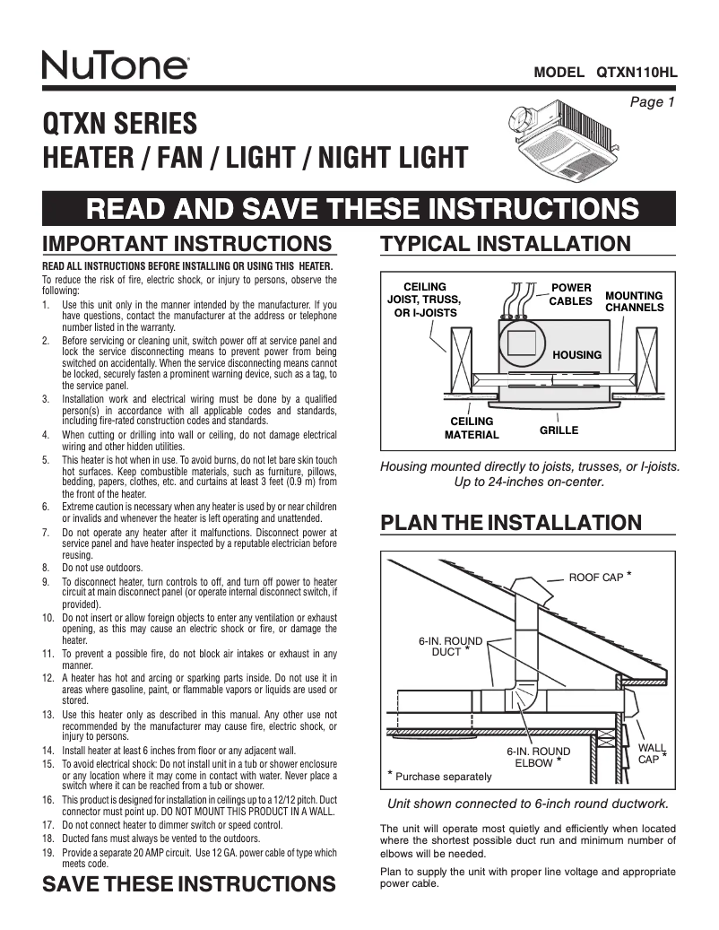 Page n°1 - Manuel utilisateur NuTone QTXN110HL