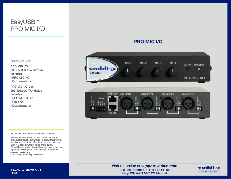 Page 1 de la notice Manuel utilisateur Vaddio EasyUSB PRO MIC I/O