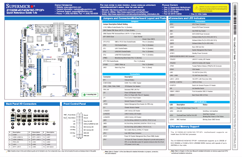 Page n°1 - Guide de démarrage rapide Supermicro X11SDW-16C-TP13F+