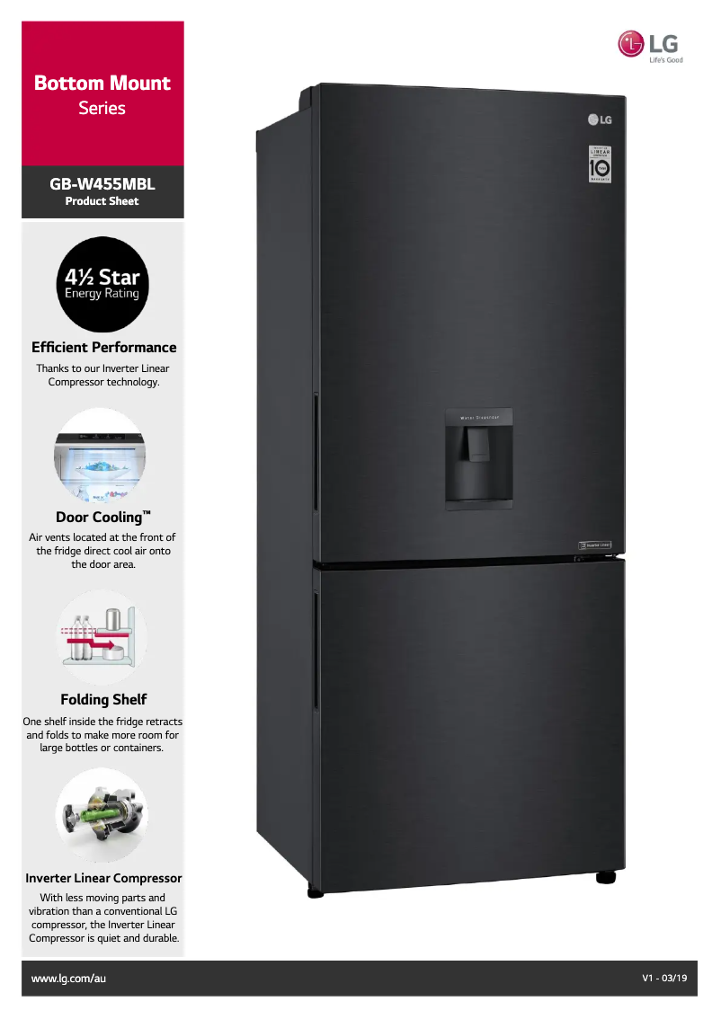 Page 1 de la notice Fiche technique LG GB-W455MBL