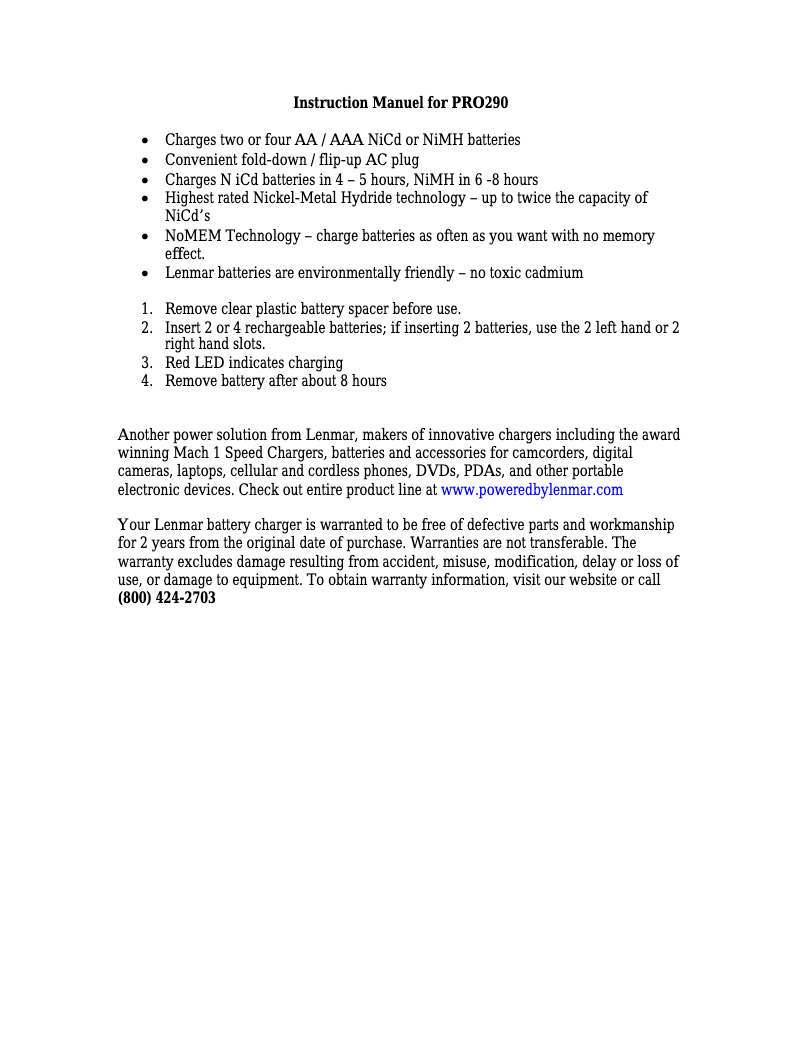 Page 1 de la notice Manuel utilisateur Lenmar PRO290B