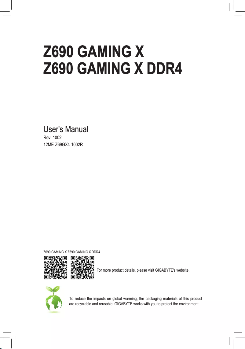Page 1 de la notice Manuel utilisateur Gigabyte Z690 Gaming X DDR4