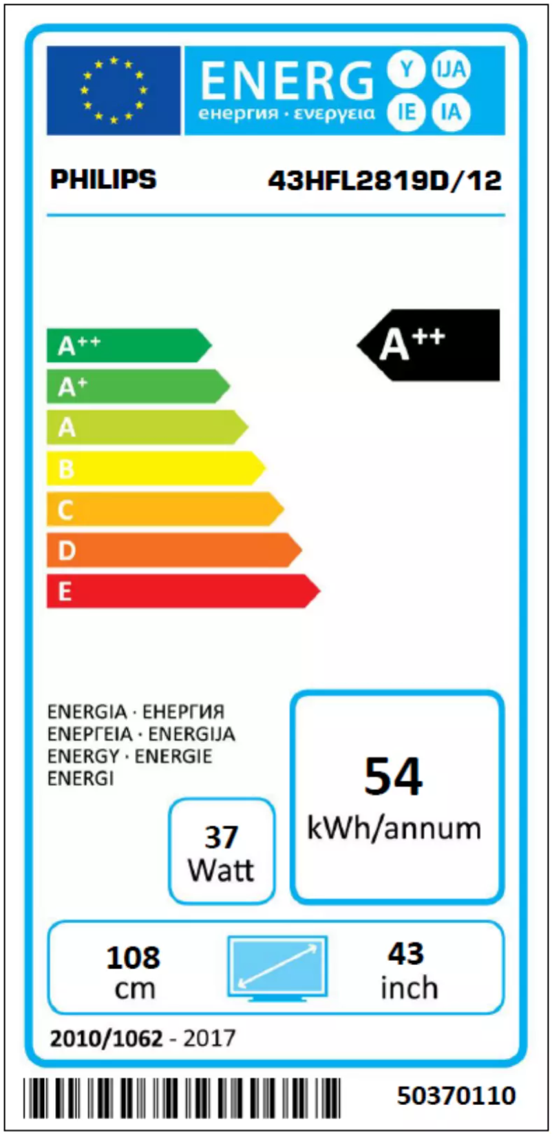 Page 1 de la notice Label énergétique Philips 43HFL2819D