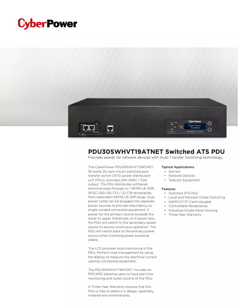 Page 1 de la notice Fiche technique CyberPower PDU30SWHVT19ATNET