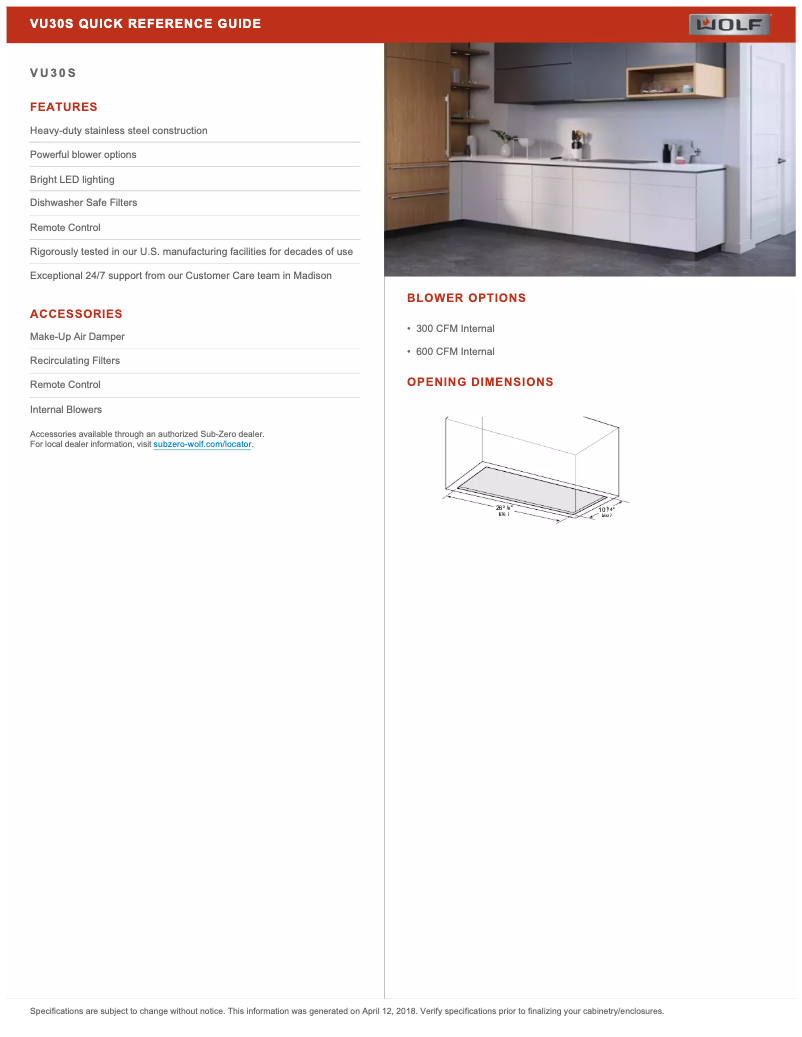 Page 1 de la notice Fiche technique Wolf VU30S