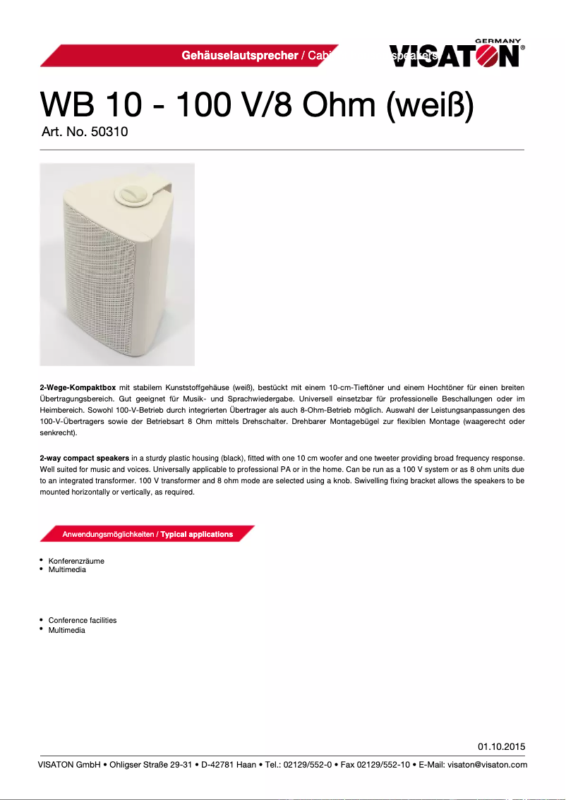 Page 1 de la notice Manuel utilisateur Visaton WB10