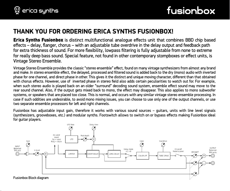 Page n°1 - Manuel utilisateur Erica Synths Fusionbox