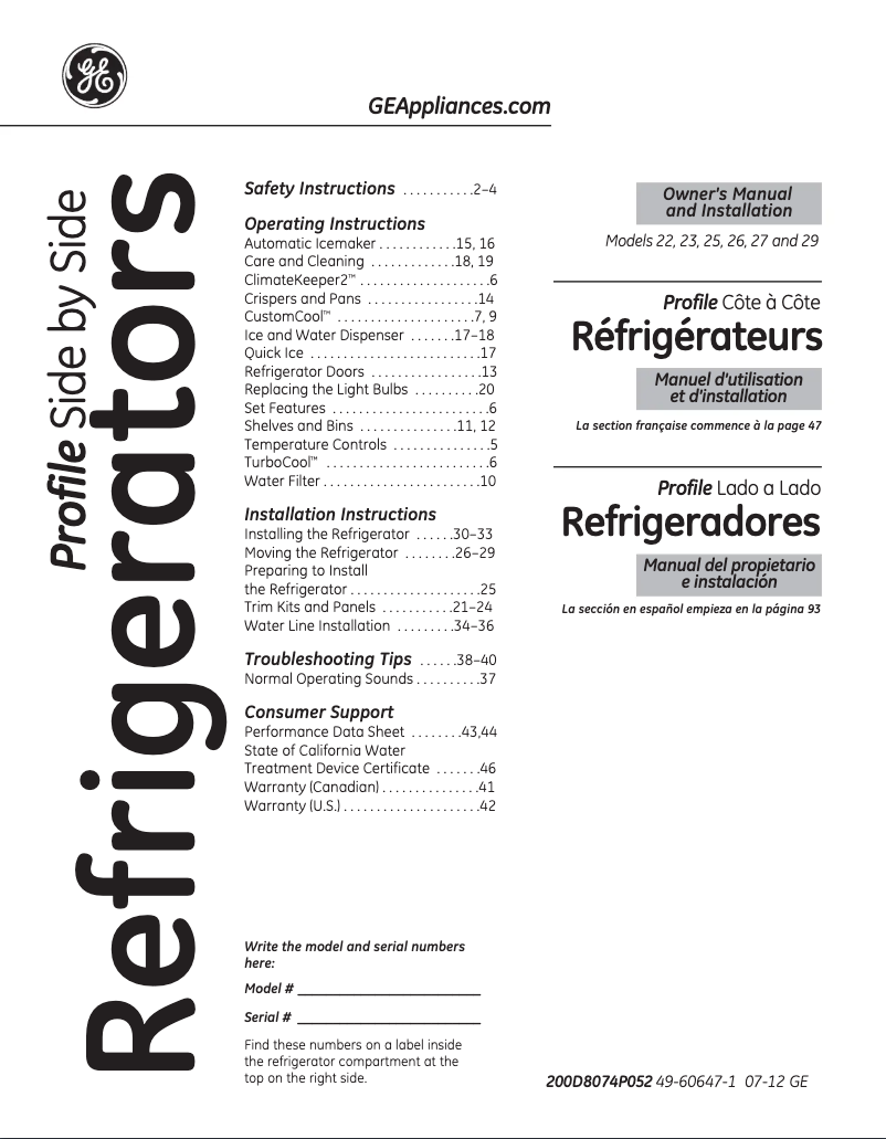Page 1 de la notice Manuel d'utilisation et d'entretien GE Profile PSCF5RGXBB