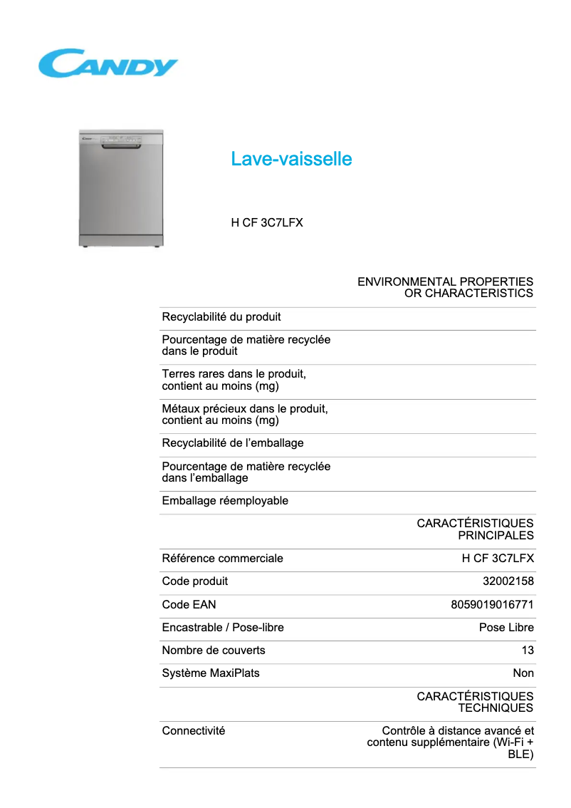 Page 1 de la notice Fiche technique Candy H CF 3C7LFX