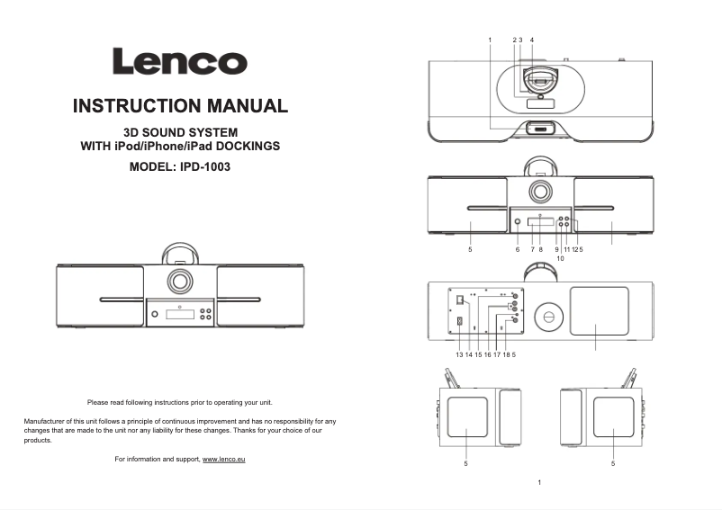 Page n°1 - Manuel utilisateur Lenco IPD-1003