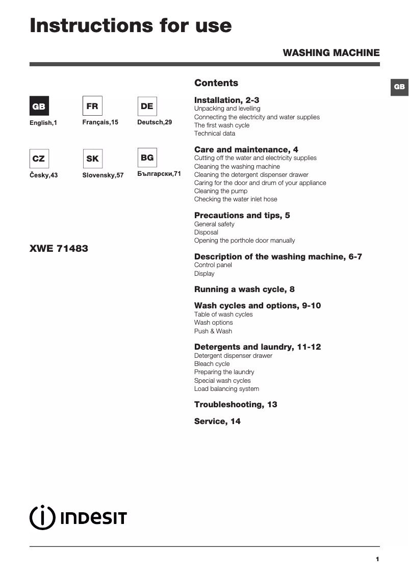 Page n°1 - Manuel utilisateur Indesit XWE 71483