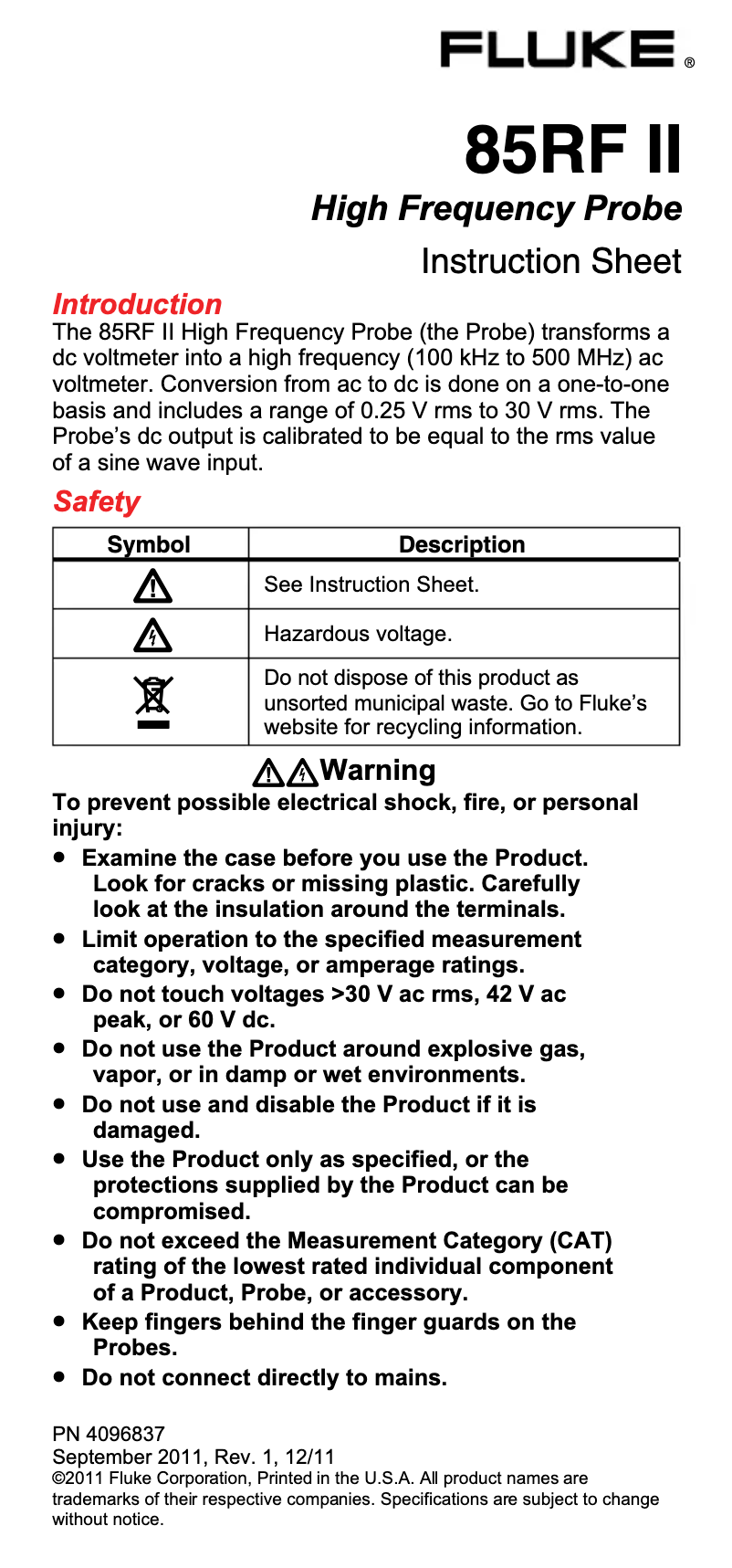 Page n°1 - Manuel utilisateur Fluke 85RF
