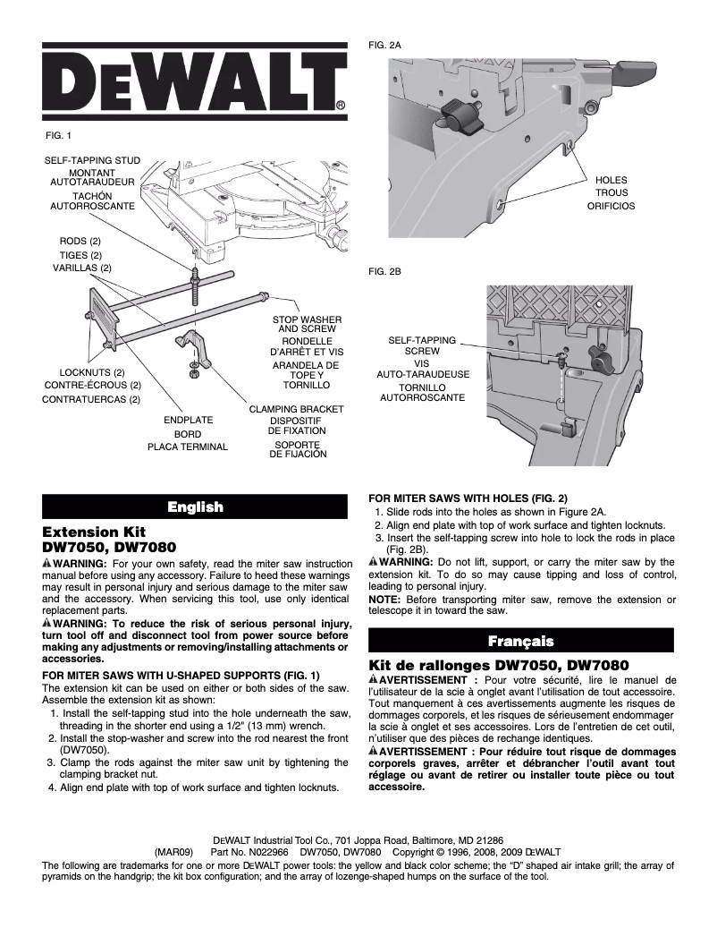 Page 1 de la notice Manuel utilisateur DeWalt DW7080