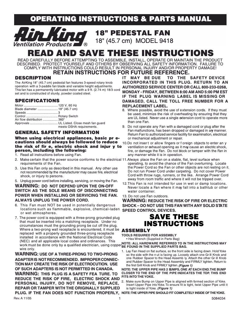 Page 1 de la notice Manuel utilisateur Air King 9418