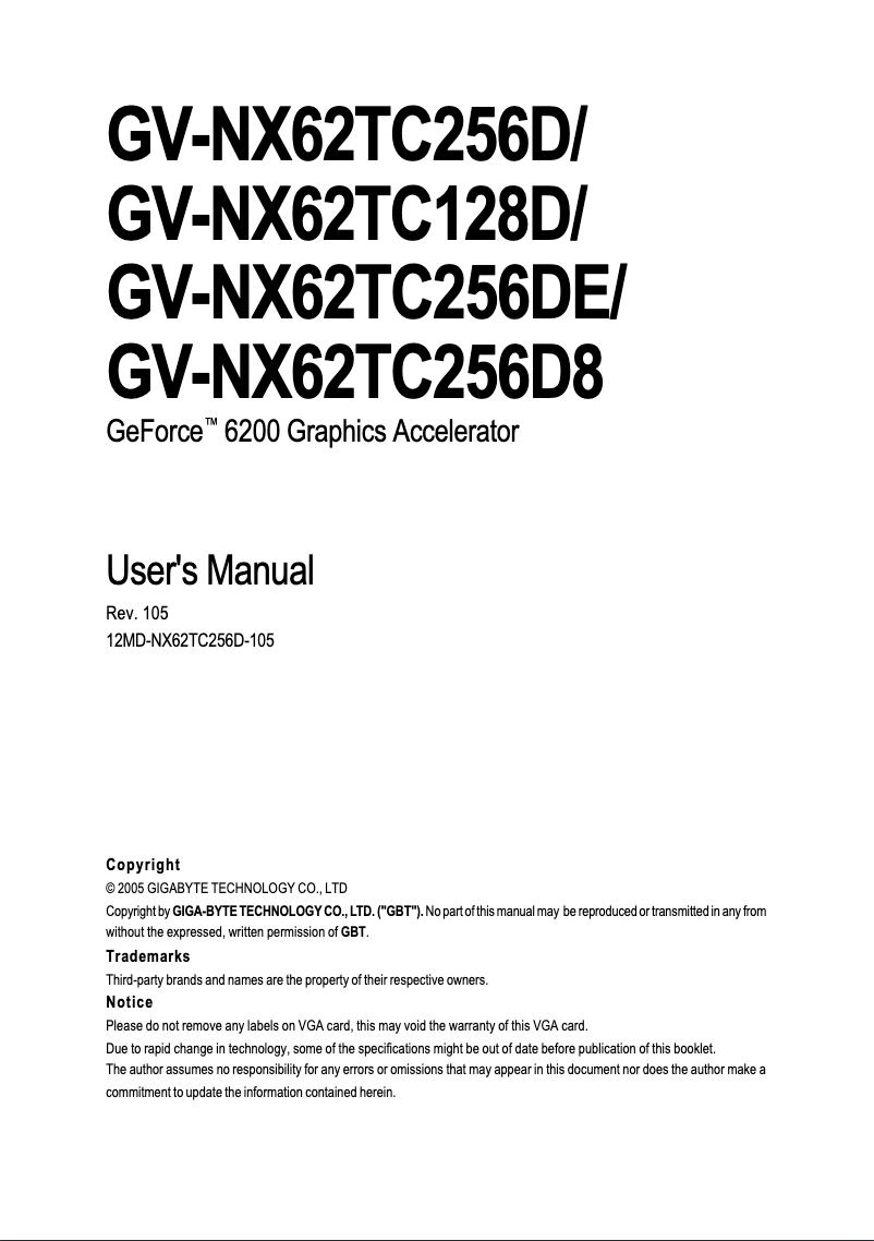Page 1 de la notice Manuel utilisateur Gigabyte GV-NX62TC256DE