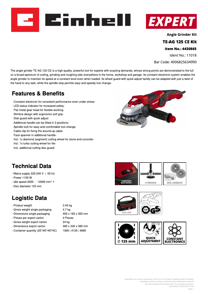 Page 1 de la notice Fiche technique Einhell TE-AG 125 CE Kit