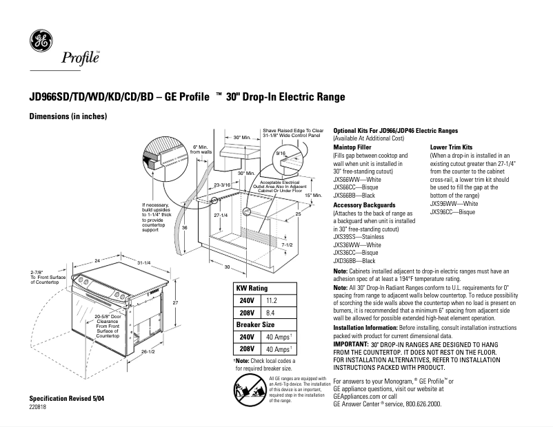 Page 1 of the manual Technical Sheet GE Profile JD966SDSS