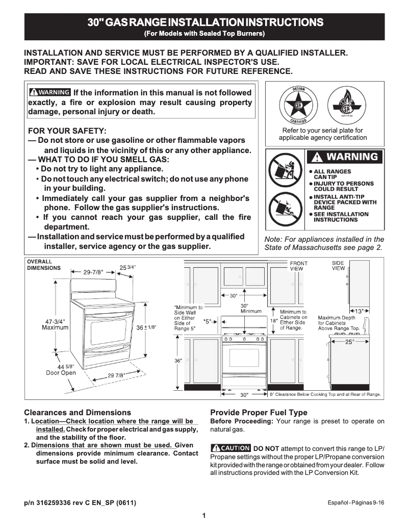 Page 1 de la notice Guide d'installation Frigidaire FGF337EC
