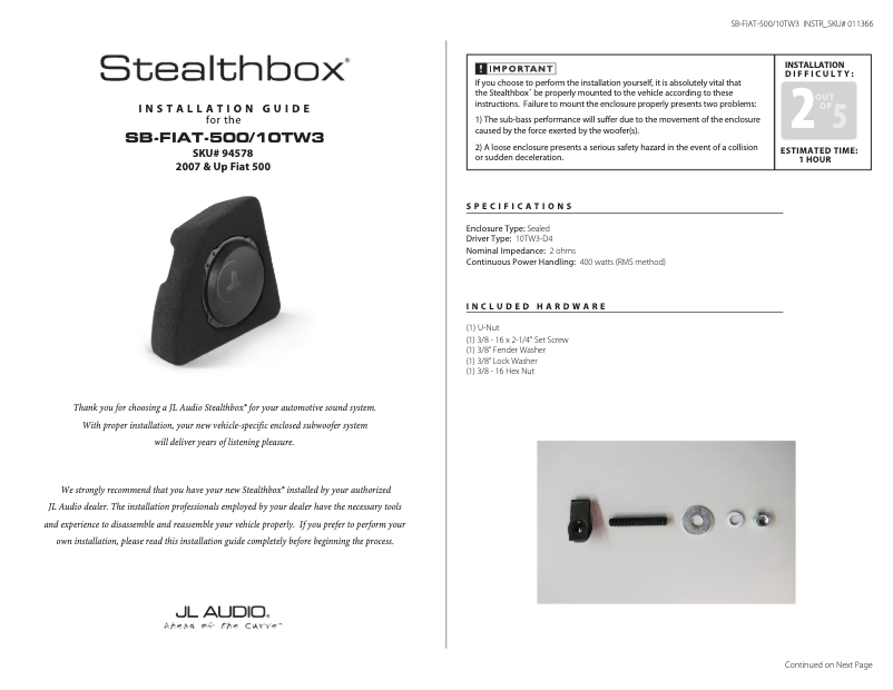 Page 1 de la notice Manuel utilisateur JL Audio Stealthbox SB-FIAT-500/10TW3