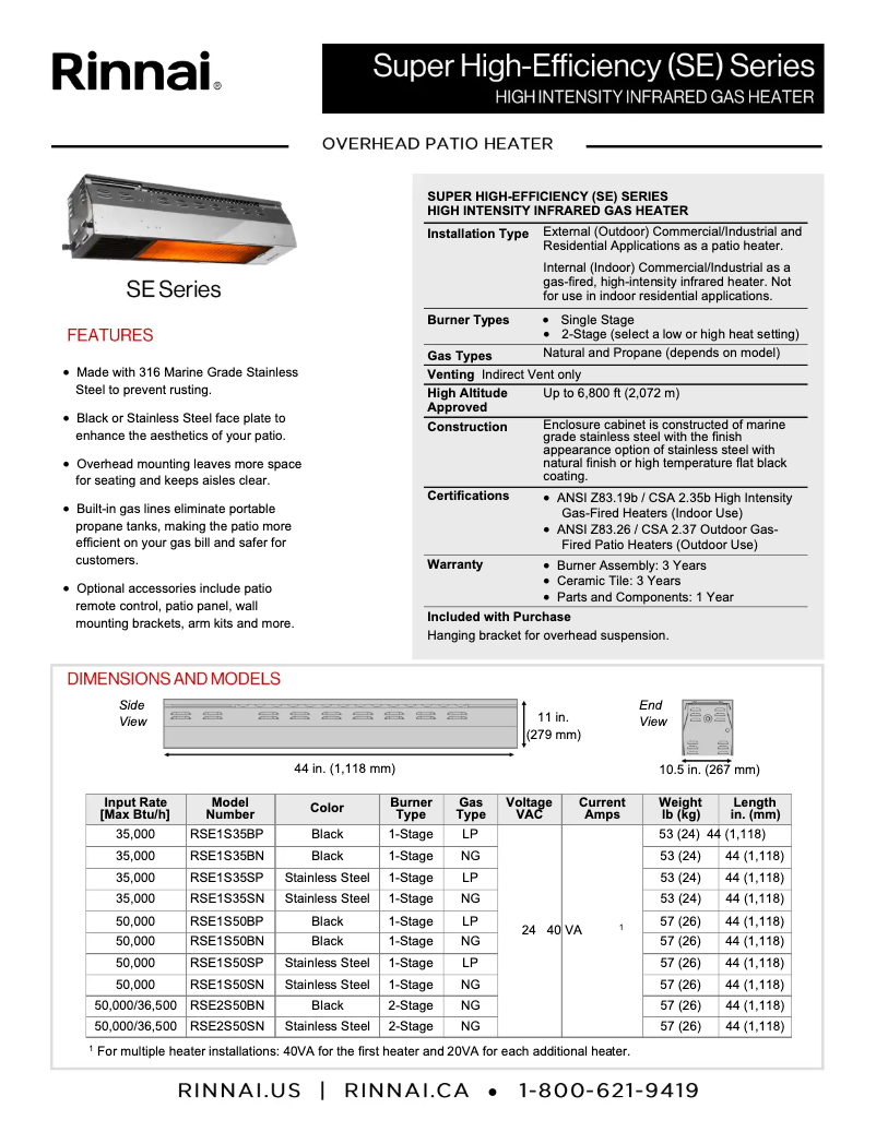 Page n°1 - Fiche technique Rinnai RSE1S35BN