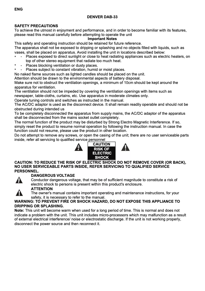 Page 1 de la notice Manuel utilisateur Denver DAB-33 MK2