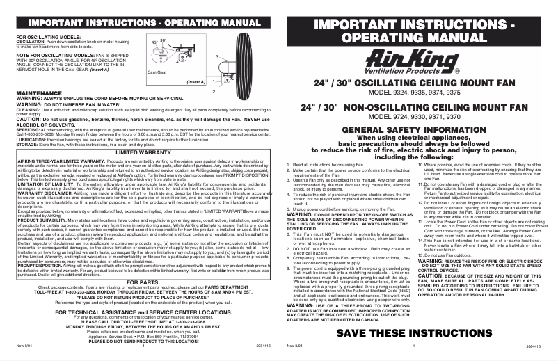 Page 1 de la notice Manuel utilisateur Air King 9374