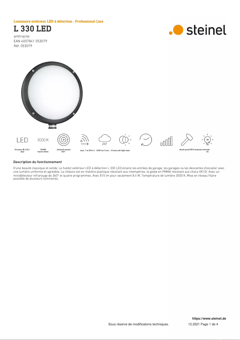 Page 1 de la notice Fiche technique Steinel L 330 LED