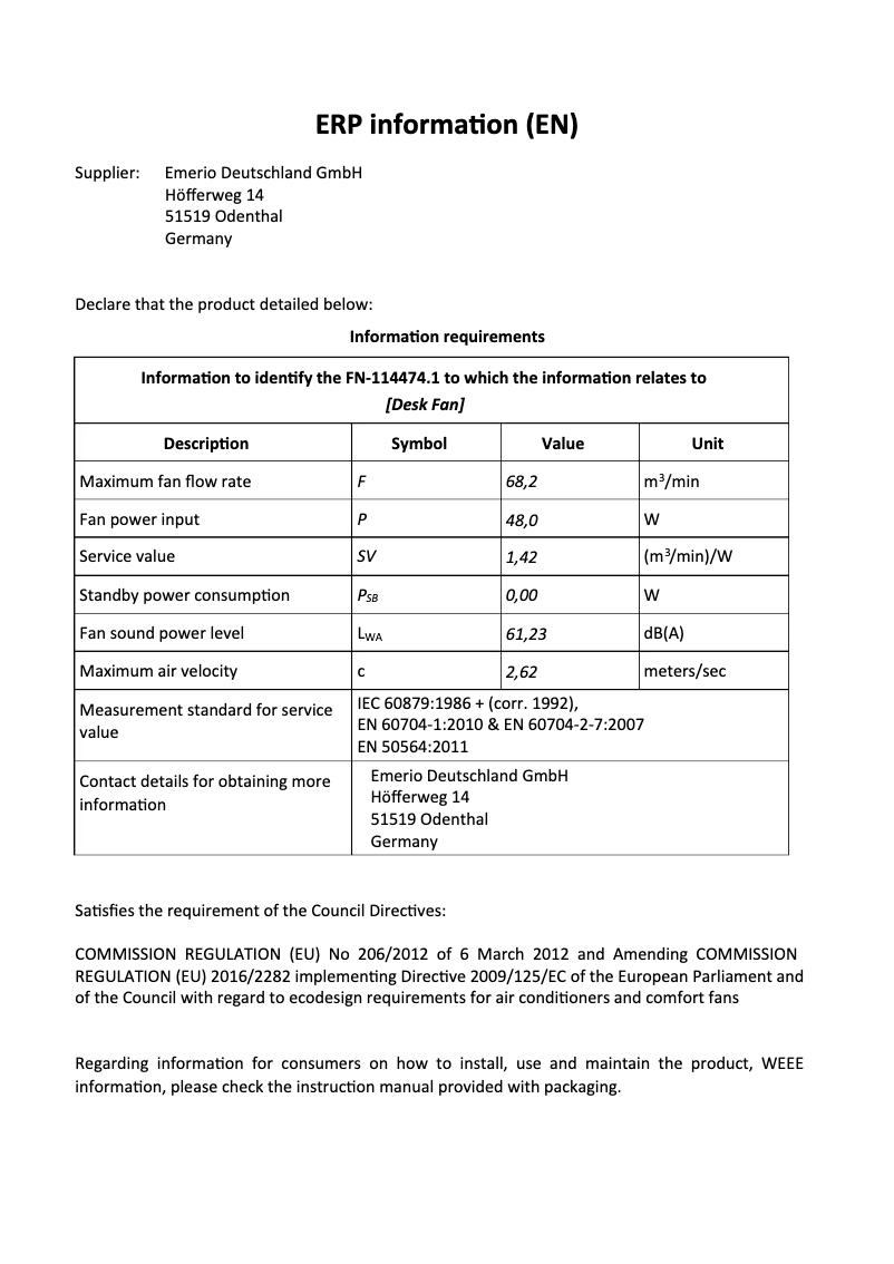 Page 1 de la notice Fiche technique Emerio FN-114474.1