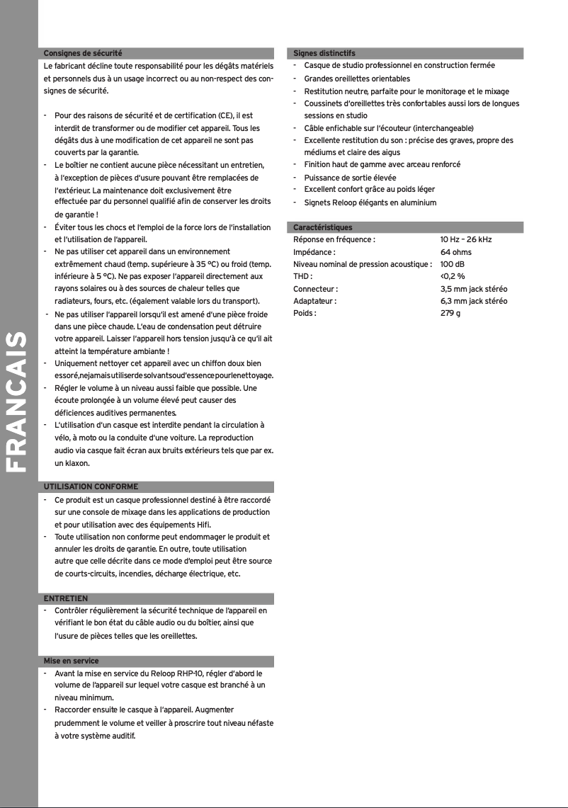 Page 1 de la notice Manuel utilisateur Reloop SHP-1