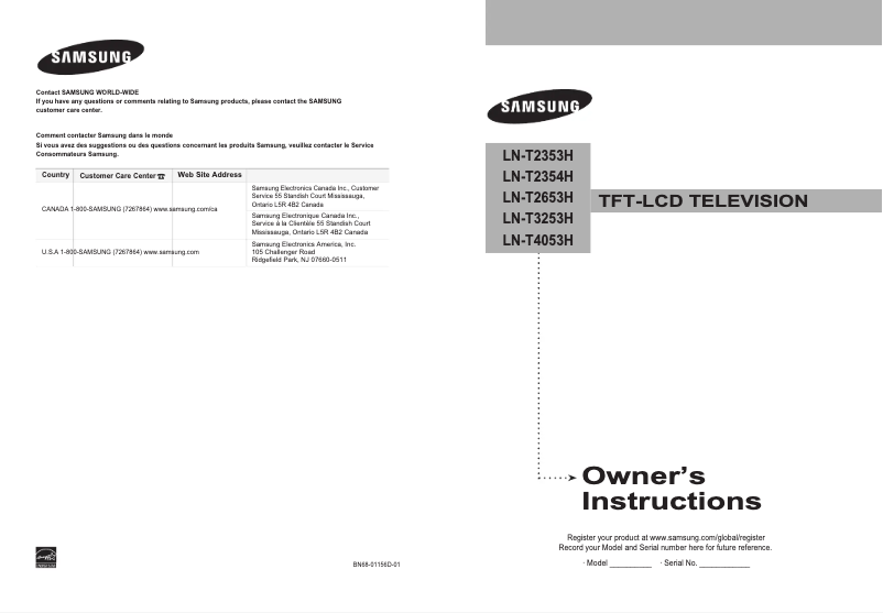 Page 1 de la notice Manuel utilisateur Samsung LN-T2653H