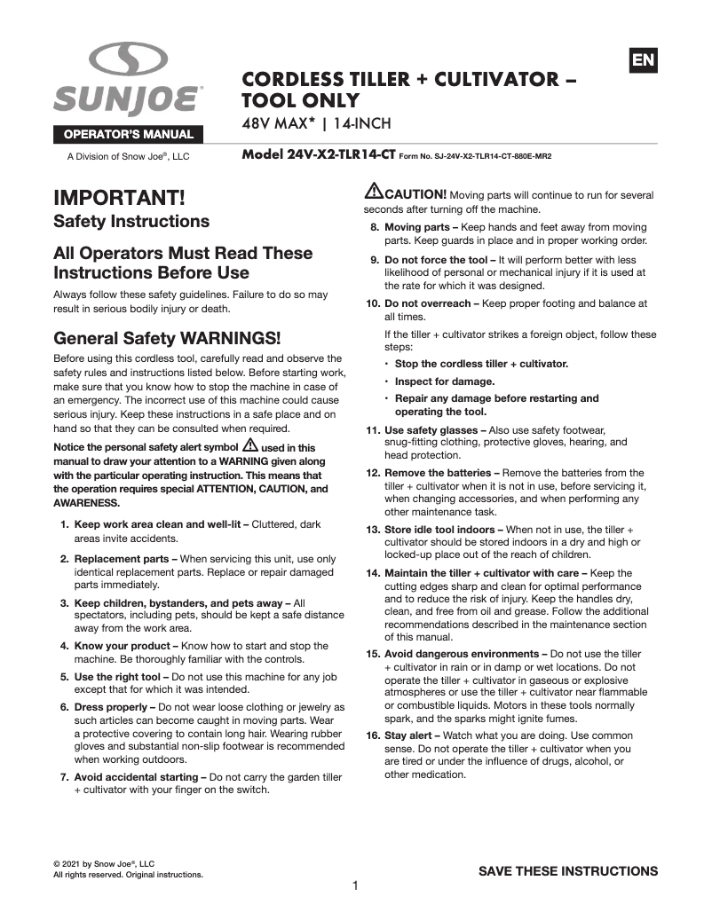 Page 1 de la notice Manuel utilisateur Sun Joe 24V-X2-TLR14-CT
