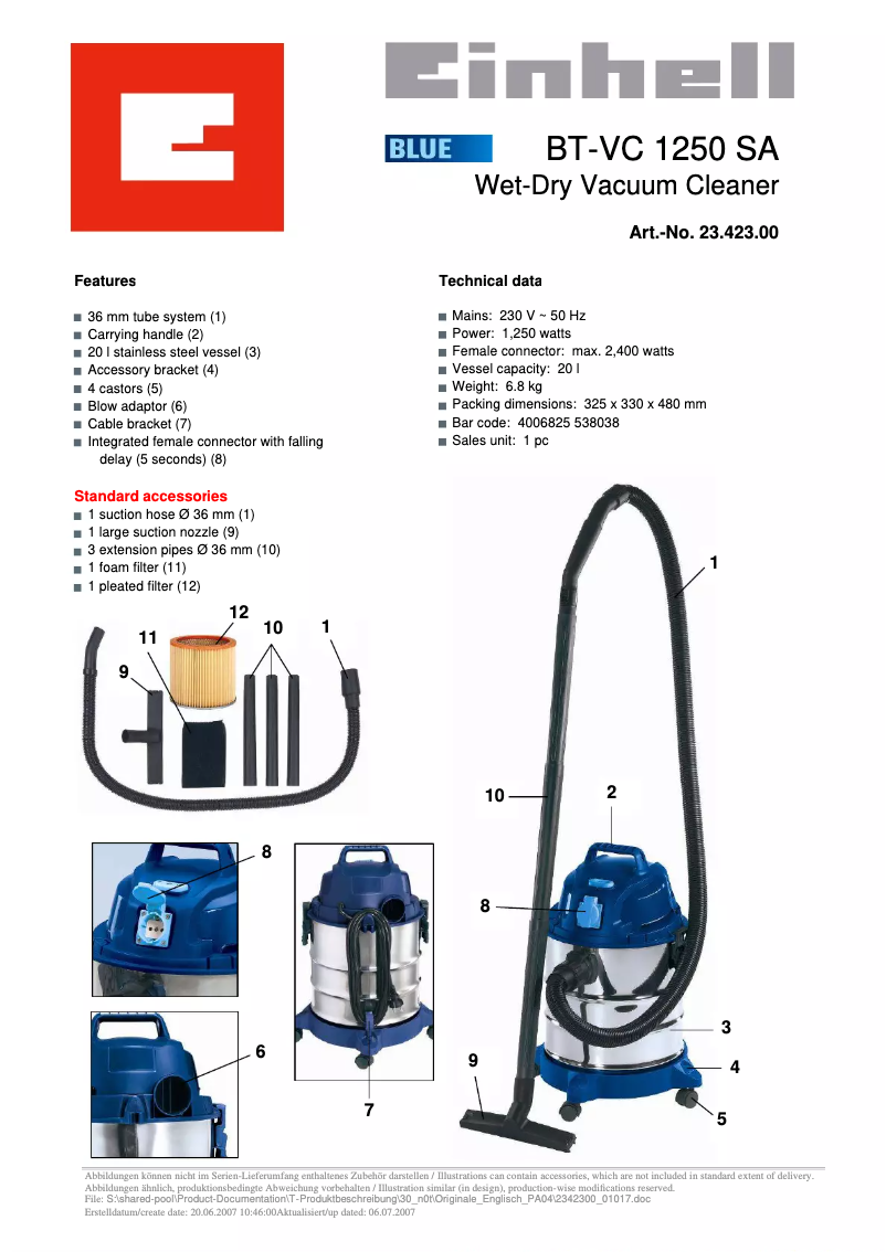Page n°1 - Manuel utilisateur Einhell BT-VC 1250 SA