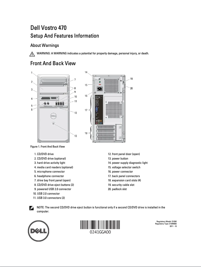 Page 1 de la notice Guide d'installation Dell Vostro 470