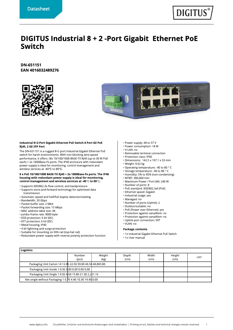 Page 1 de la notice Fiche technique Digitus DN-651151