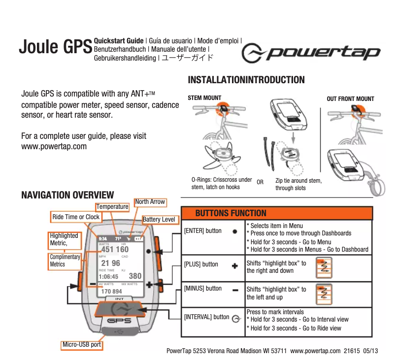 Page 1 de la notice Manuel utilisateur Powertap Joule GPS