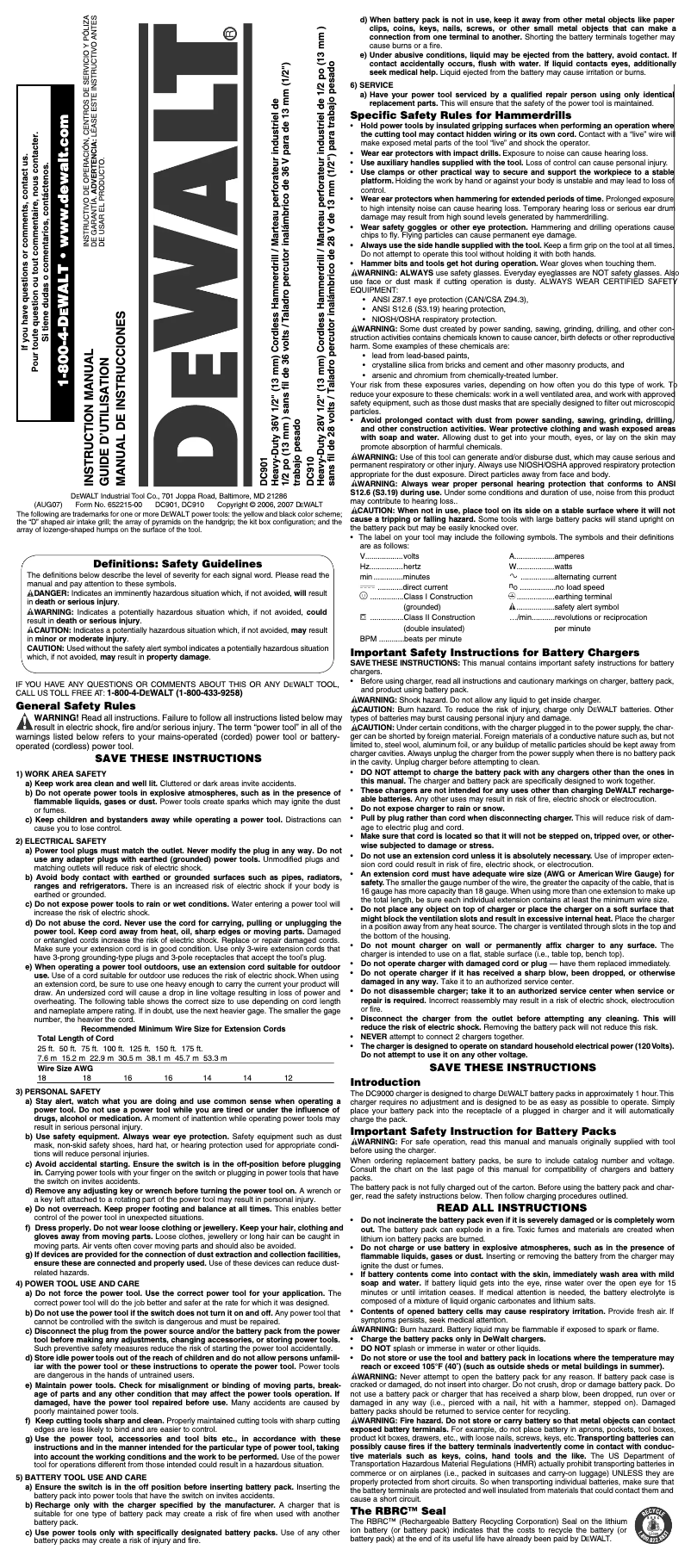 Page 1 de la notice Manuel utilisateur DeWalt DC910KL