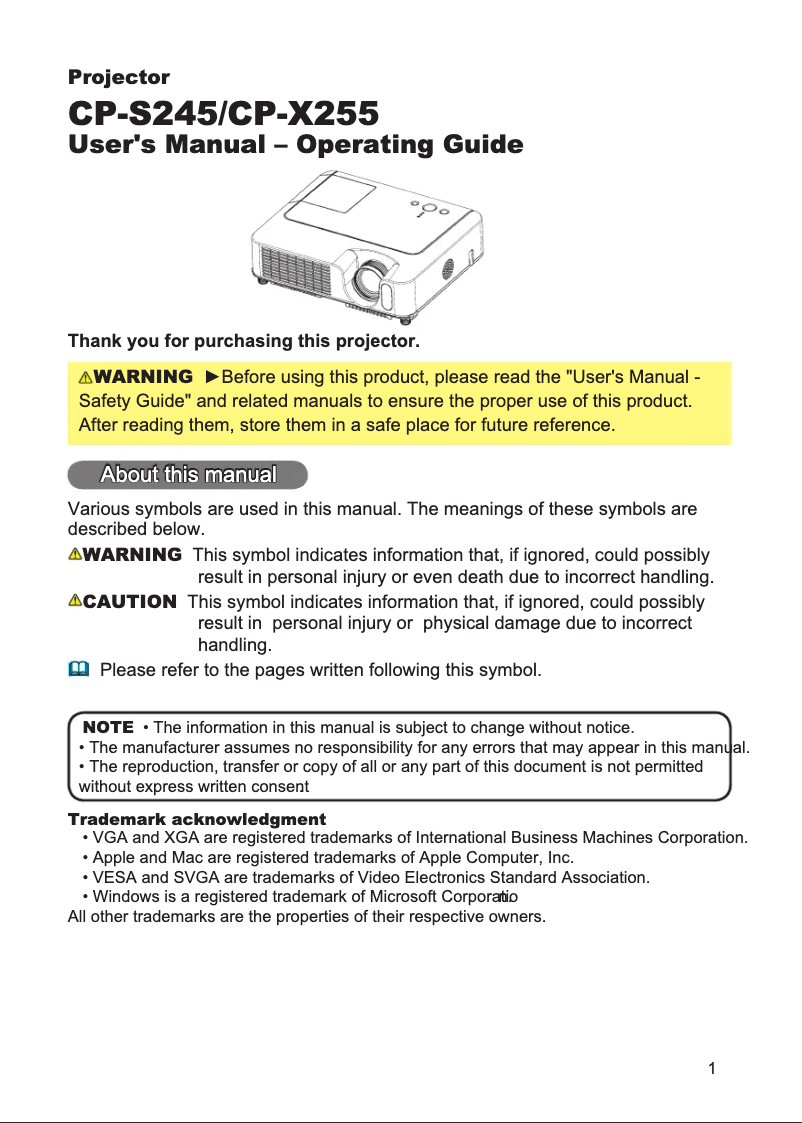 Page n°1 - Manuel utilisateur Hitachi CP-S245WF
