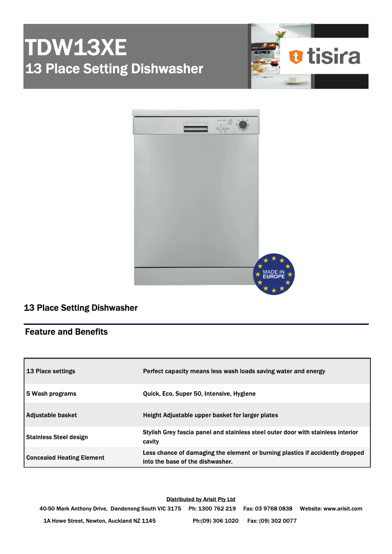 Page 1 de la notice Fiche technique Tisira TDW13XE