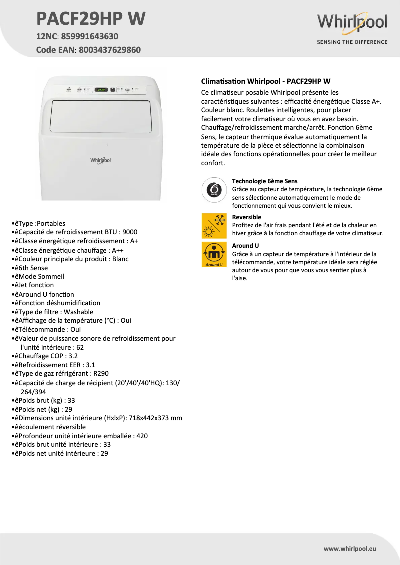 Page 1 de la notice Fiche technique Whirlpool PACF29HP